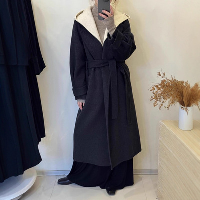 新款撞色可拆卸帽翻领双面羊毛大