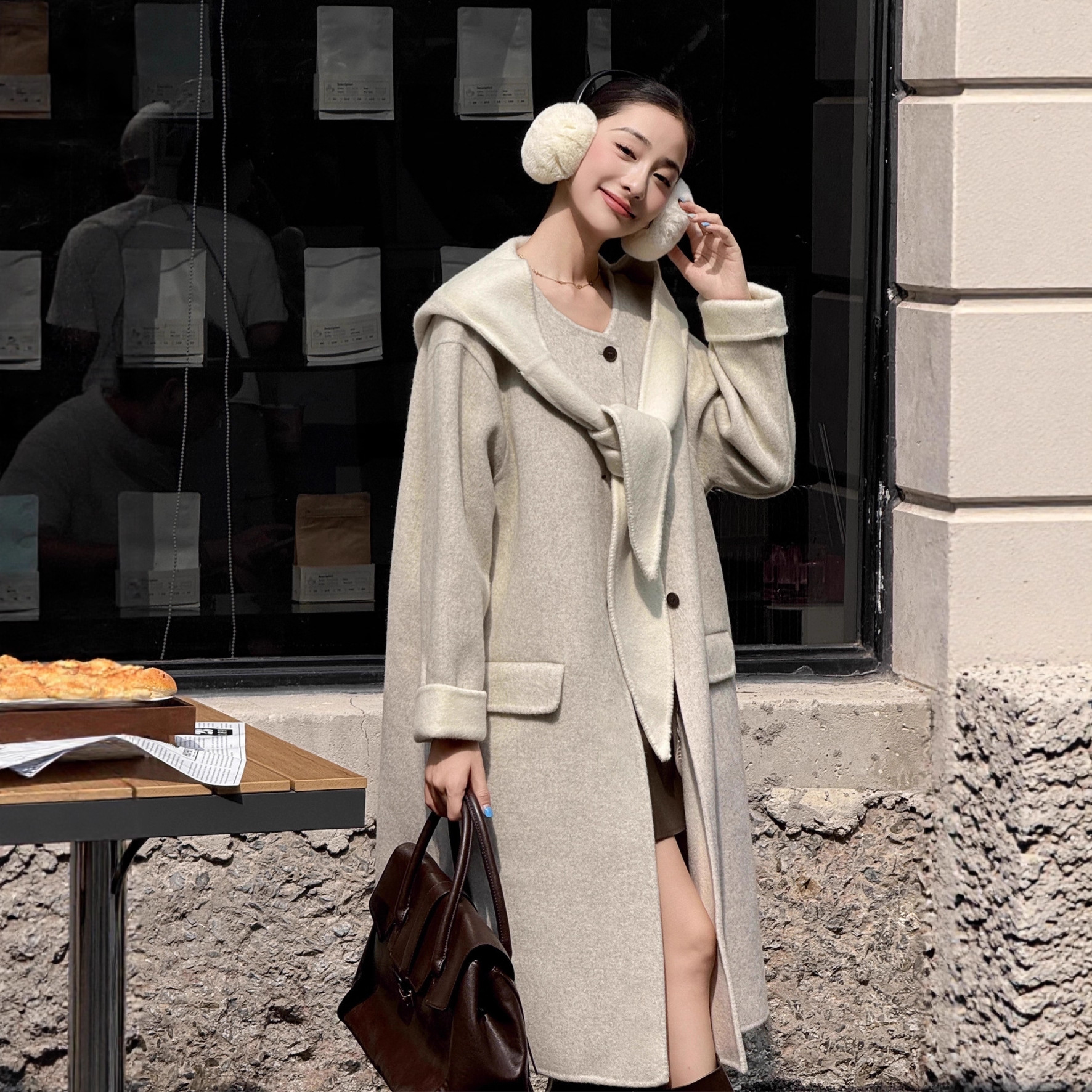 可拆卸连帽兔耳朵气质双面羊毛大衣 长款加厚保暖单排扣羊绒毛呢