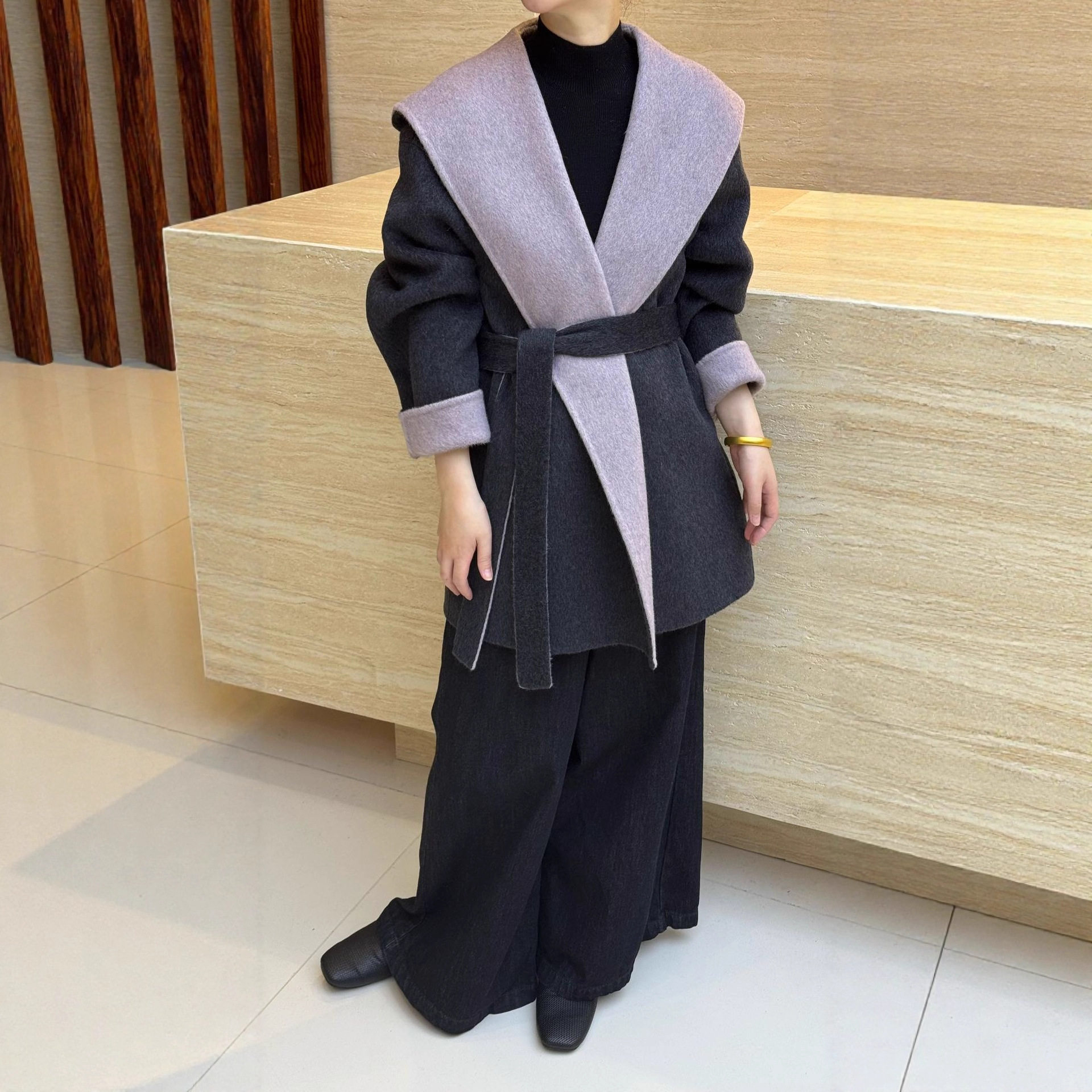 2025冬季法式连帽系带双面双色羊毛呢大衣女短款小个子羊绒外套厚