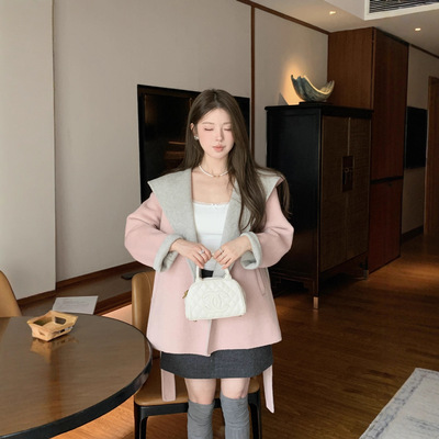 连帽斗篷收腰显瘦双面色羊绒大衣