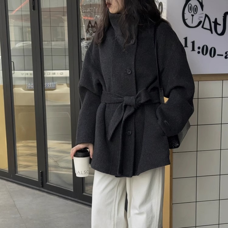 立领腰带双面羊毛大衣中长款系