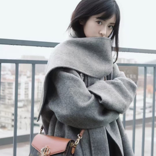 沈月同款灰色羊毛大衣女短2025冬新款可拆卸围巾领骆驼绒羊绒外套