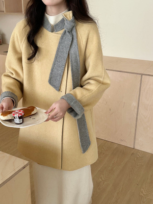 蝴蝶结双面双色羊毛大衣女短款