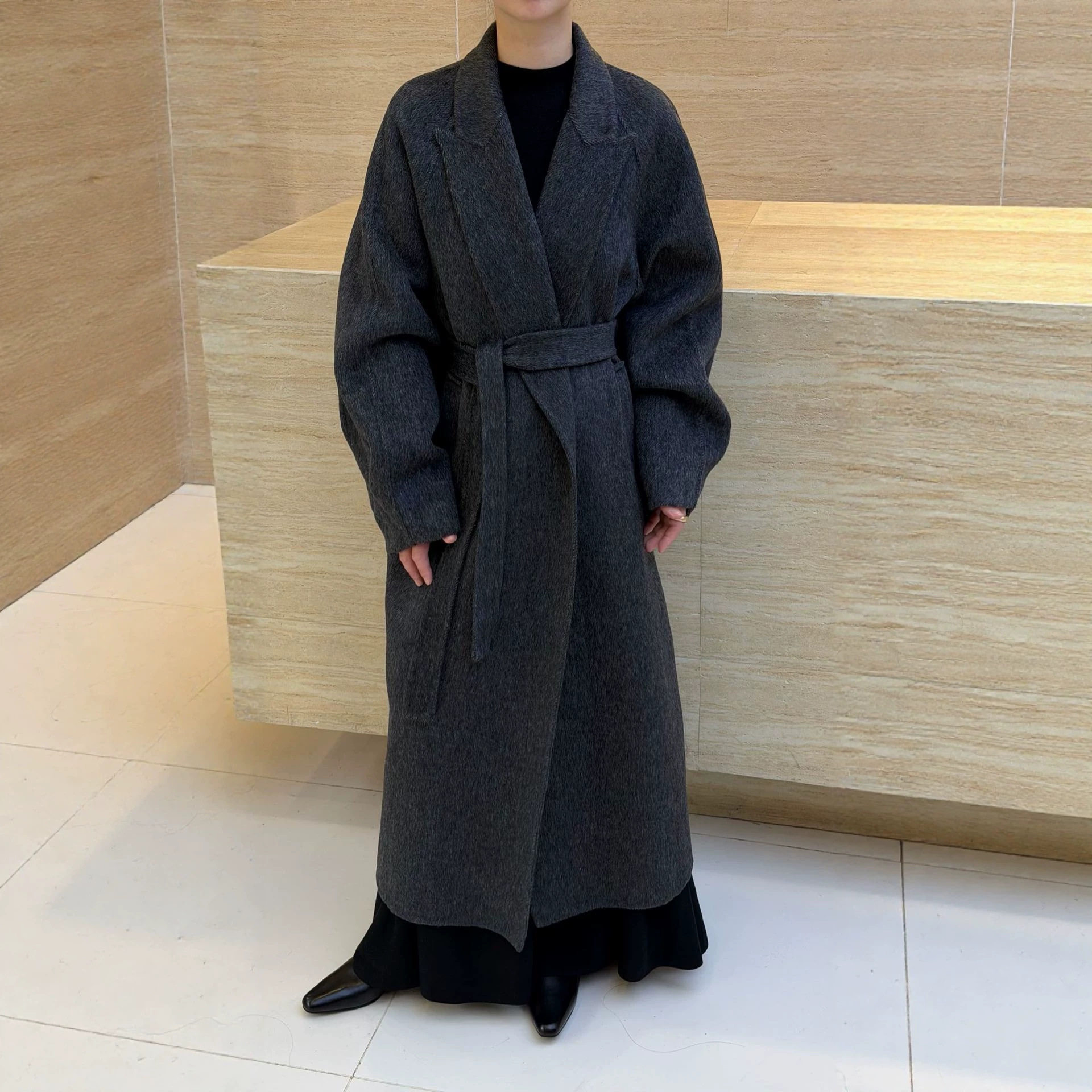 26新款双面长款呢子大衣女秋冬新款复古韩版宽松系带收腰显瘦毛呢