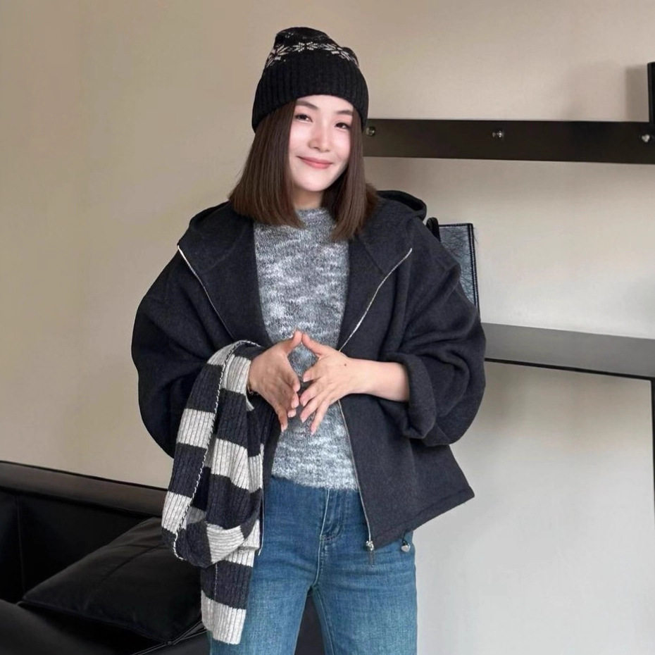 韩版拉链机车抽绳双面呢羊毛大衣