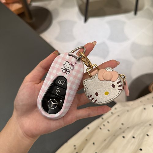 适用奔驰钥匙套汽车A/C/E/S级GLB GLC CLE C260L A200格纹粉kitty