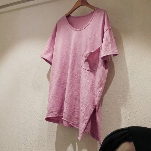 大码宽松粉红色侧边开叉竹节棉短袖t恤女夏季美式风格松弛感上衣