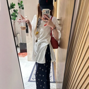 夏季薄款柔软垂感大码宽松七五分袖t恤女设计感侧开衩圆领上衣