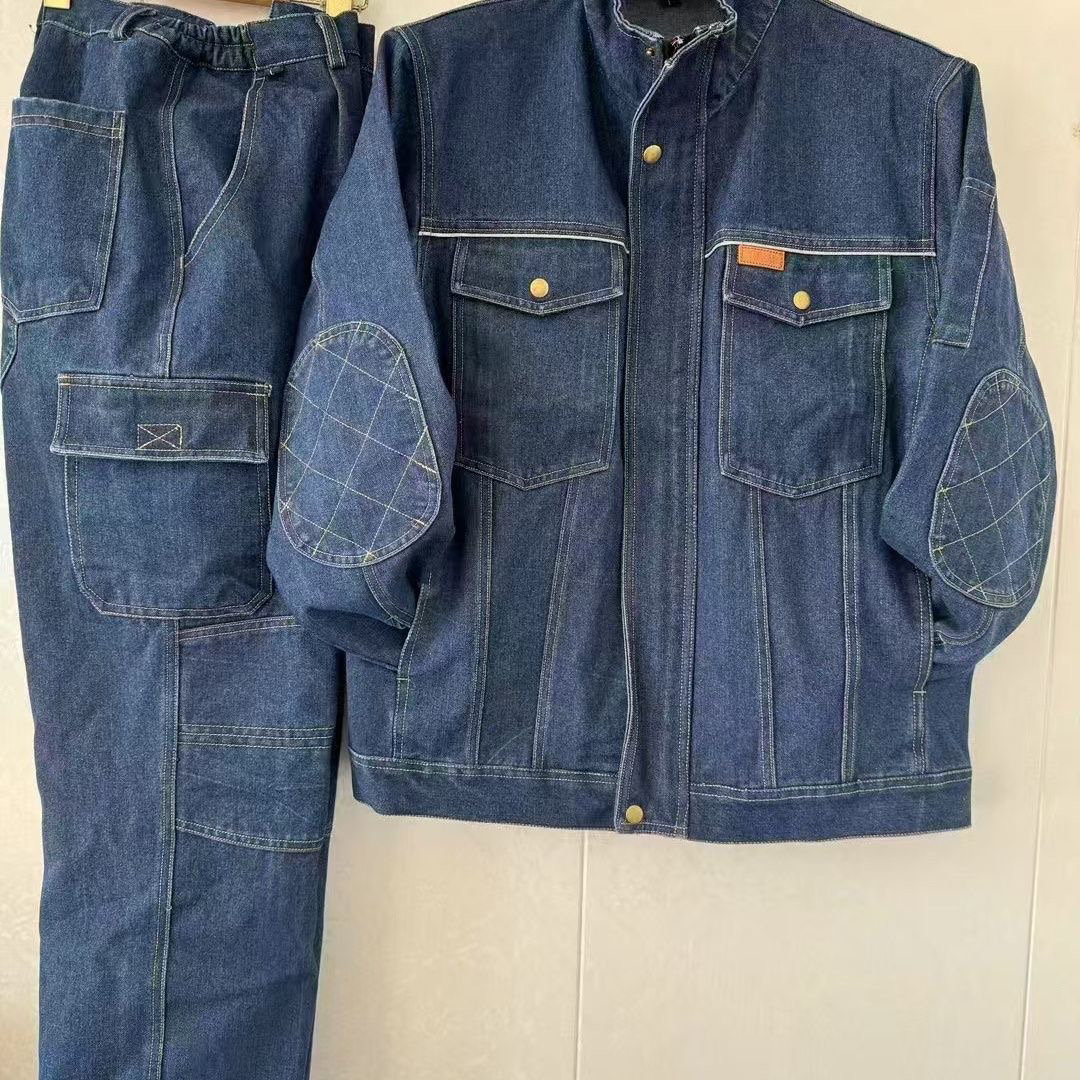 春秋纯棉加补丁牛仔工作服套装