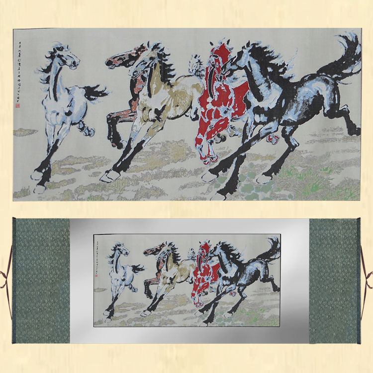 蜀锦蜀绣国风礼物四川特色刺绣手工艺品六骏图书房卷轴挂画送礼