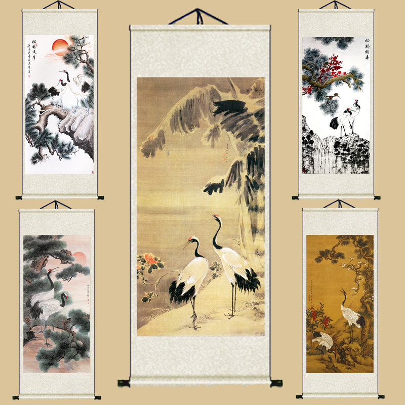 松鹤延年仙鹤寿桃梅鹤国画国画丝绸画客厅玄关书房装饰画礼品定制热销10件不包邮
