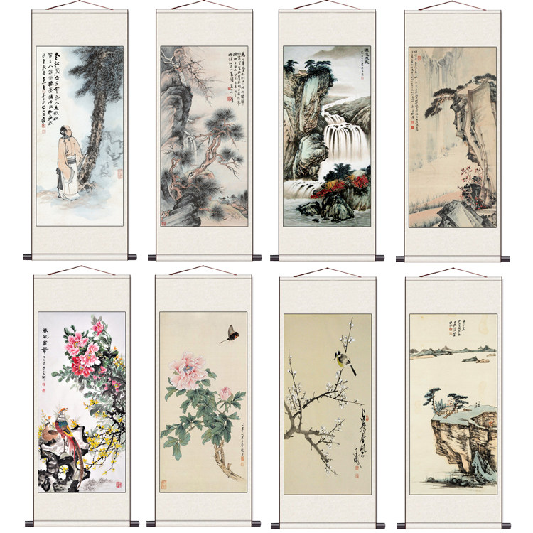 张大千山水人物仿古挂画酒店茶楼字画风水挂画名家可定制丝绸挂画