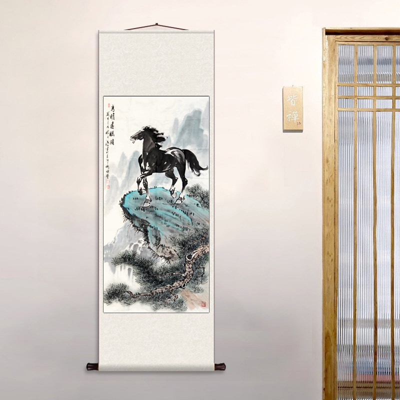 徐悲鸿马到成功装饰壁画酒店大堂字画风水画书房丝绸卷轴装饰挂画