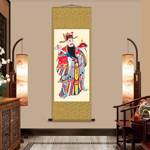 禄星朝右 丝绸卷轴装饰挂画神像画客厅书房新中式卷轴画装饰画