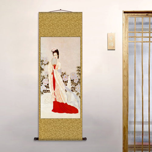 仕女丝绸卷轴装饰挂画客厅隔断仿古仕女卷轴字画酒店壁画装饰名