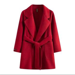 雅丹双面绒大衣女西装领休闲小个子秋冬宽松百搭显瘦系带毛呢外套