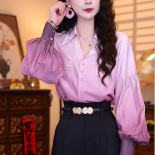 复古小衫休闲百搭长女上衣花边拼接衬衫设计感秋季新款小众宽松