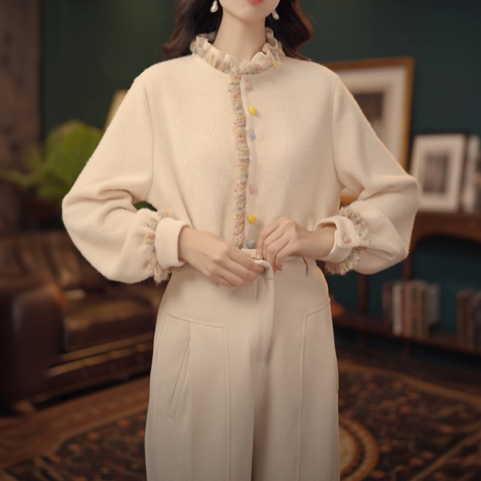 复古港风秋冬厚款休闲百搭衬衫上衣荷叶边花边领女花边袖内搭打底