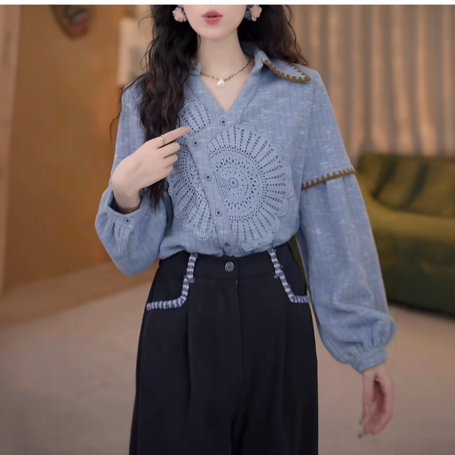 复古风翻领法式复古港风拼接上衣宽松百搭长袖衬衫,女装/女士精品,衬衫,淘宝优惠券,粉丝福利购,淘宝优惠卷