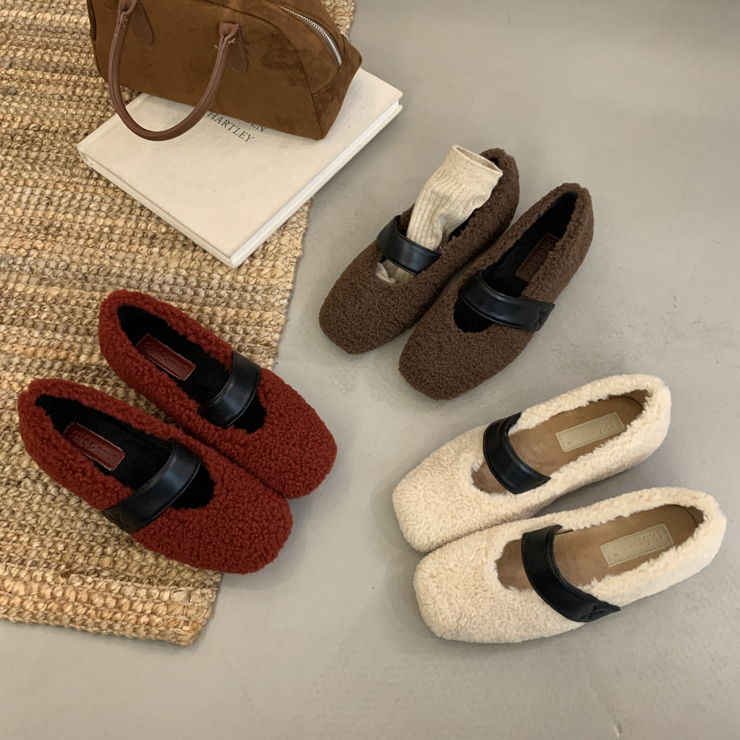 内增高5CM厚底酒红色毛毛鞋女豆豆鞋秋冬季2025新款棉鞋平底单鞋,女鞋,浅口单鞋,淘宝优惠券,粉丝福利购,淘宝优惠卷