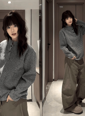 黑色雪尼尔时尚卫衣男款秋冬美式正肩长袖polo衫肌理感亨利领外套