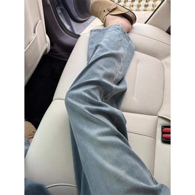浅蓝色冰丝牛仔裤男夏季薄款莱赛尔凉感裤子垂坠感宽松直筒工装裤