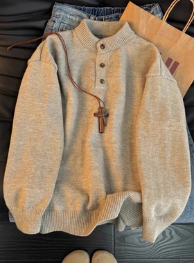 浅灰色亨利领毛衣男秋冬美式复古老钱风针织衫内搭cleanfit打底衫