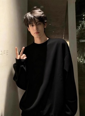 黑色美式卫衣男款秋季cleanfit小领口重磅长袖t恤美式内搭打底衫