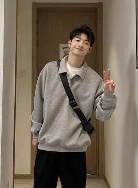 灰色翻领廓形重磅卫衣男款秋季韩系简约成熟稳重穿搭上衣休闲外套