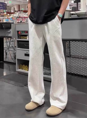 灰色斜切微喇卫裤男女同款美式复古cleanfit裤子弯刀直筒休闲裤男