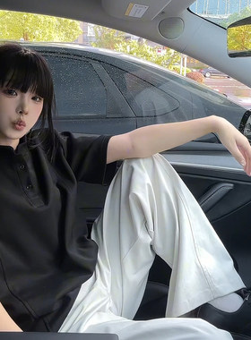 运费补贴~亨利领正肩拼接短袖T恤男夏季美式高街设计感半袖上衣服