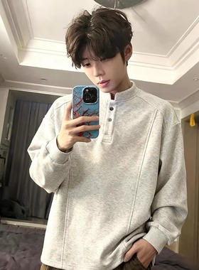 白灰色美式亨利领卫衣男款秋冬加绒厚无帽重磅内搭打底衫长袖t恤
