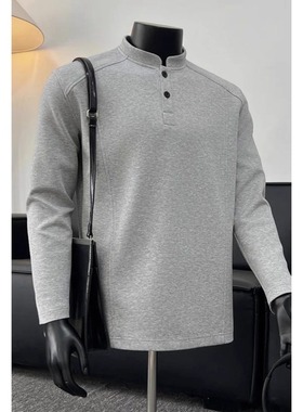美式灰色重磅卫衣男秋冬痞帅无帽立领上衣cleanfit亨利领长袖t恤