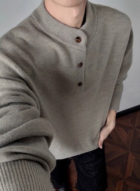 花灰色亨利领毛衣男秋冬高级感美式复古卫衣打底衫cleanfit针织衫