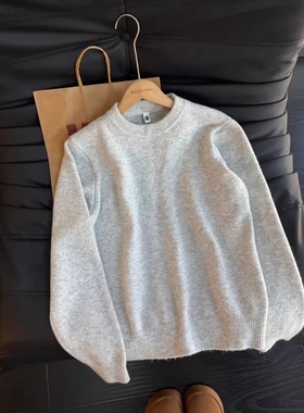 cleanfi白灰色圆领毛衣男秋冬季加绒慵懒风基础款卫衣打底针织衫