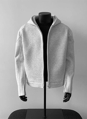 白灰色短款机车服正肩连帽卫衣男款美式重磅上衣潮牌痞帅开衫外套