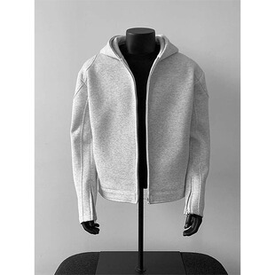 白灰色短款机车服正肩连帽卫衣男款美式重磅上衣潮牌痞帅开衫外套