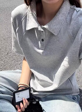 简约美式polo衫空气棉宽松短袖T恤男夏季百搭解构翻领五分袖T恤潮