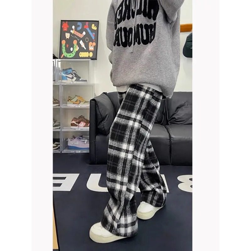 慵懒风黑白毛呢格子裤男加绒加厚格纹保暖休闲裤直筒宽松阔腿裤冬
