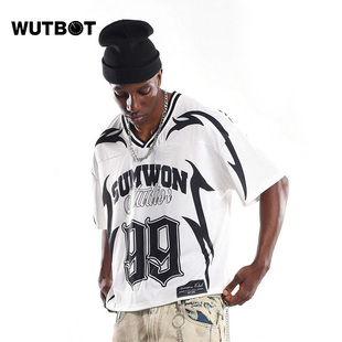 WUTBOT 美式复古球衣风短袖T恤男宽松运动休闲字母印花百搭上衣