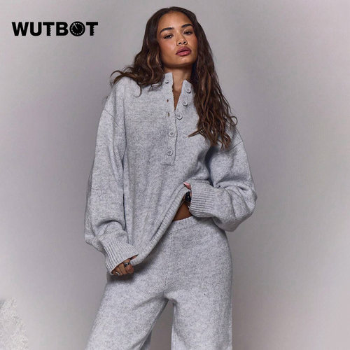 WUTBOT 温柔慵懒风灰色极简风翻领拉链毛衣女宽松针织上衣