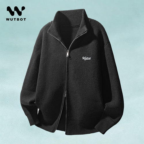 WUTBOT 重磅1000g青少年针织衫男式长袖外套春秋宽松立领开衫毛衣