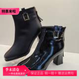 香香莉2024冬季28365短筒加绒高跟粗跟方头职业时尚漆皮女棉靴子