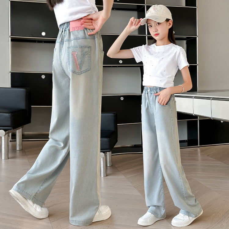 女童裤子夏季薄款2026新款儿童直筒阔腿裤夏装女孩大童天丝牛仔裤