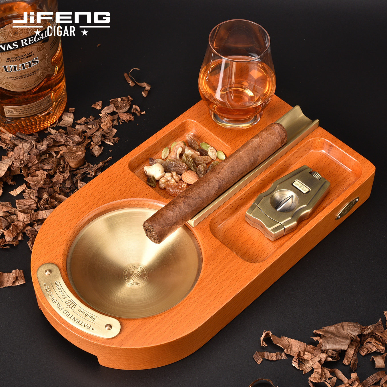 JIFENG季风送长辈朋友雪茄烟具礼品雪茄剪打火机铜实木烟灰缸套装