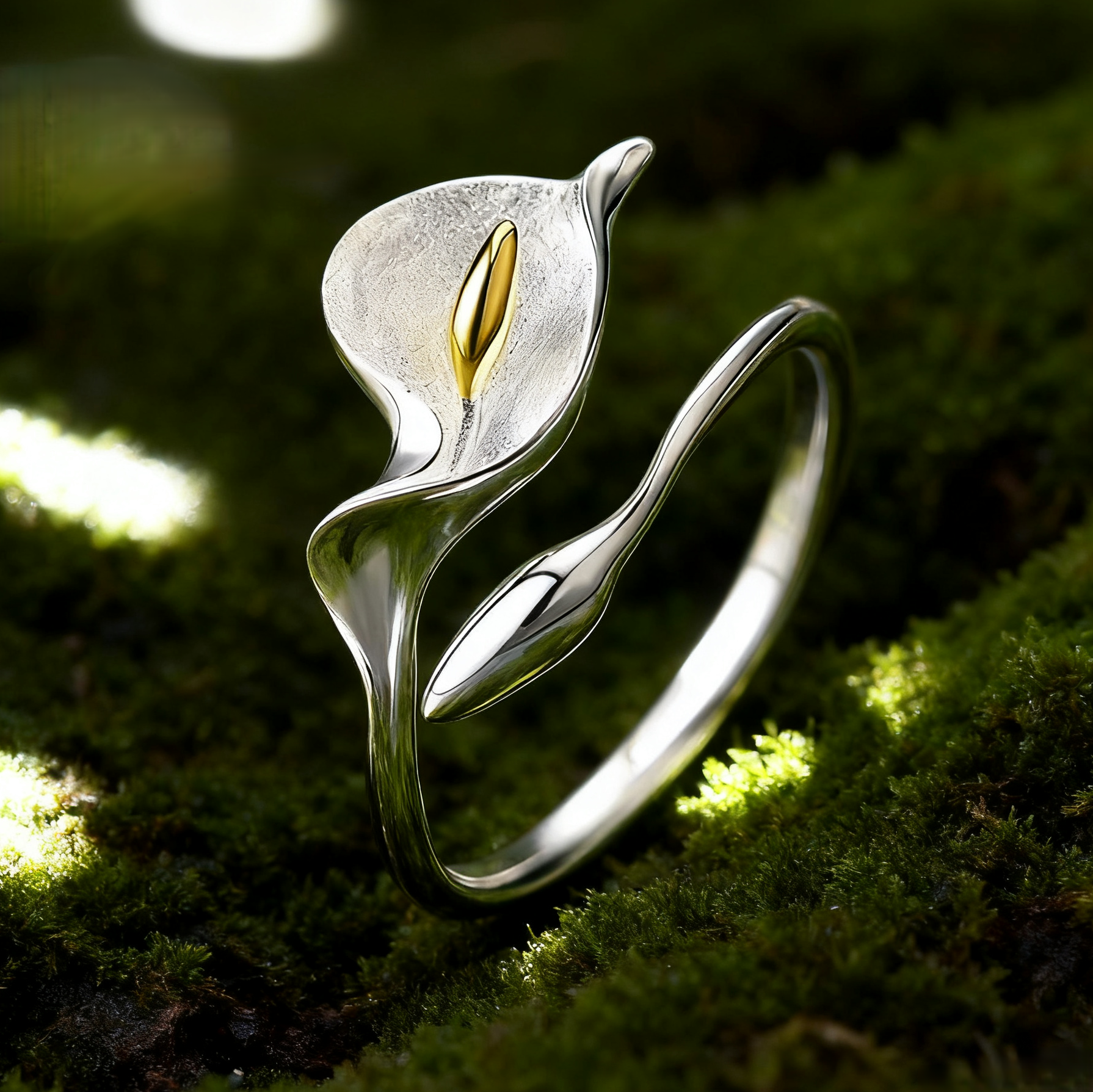 《在指间留一缕春天》新中式s925银小众设计开口可调节马蹄莲戒指