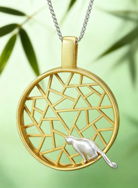 《喂，在等你回家》可爱猫猫纯银S925女款吊坠项链苏式花窗国风