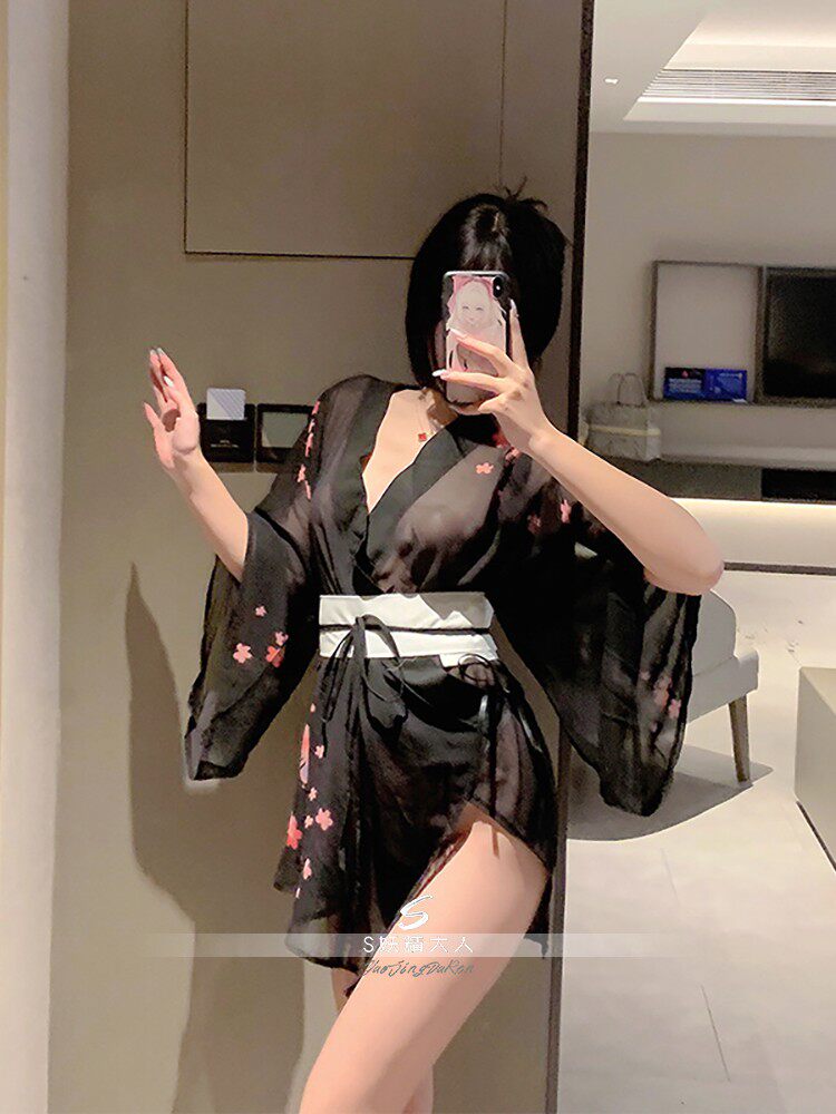 FAIRY ADULT: JAPANESE BLACK CHIFFON NIGHTGOWN FEMININE STYLE CHERRY BLOSSOM YUKATA WAIST SEAL JAPANESE KIMONO PAJAMAS