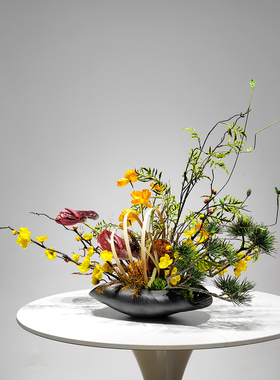 新中式仿真植物花艺摆件黄色松针软装装饰品家居桌面假花绿植盆景
