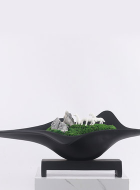 新中式仿真植物盆景树脂假山造景石陶瓷马摆件酒店大厅工艺品摆设